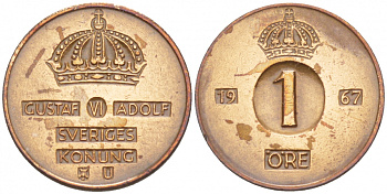 Швеция 1 эре 1967 U Густав VI Адольф (1950-1973) KM 820 бронза 4547-1052