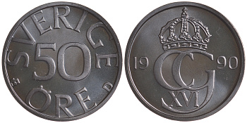 Швеция 50 эре 1990 D Карл XVI Густав (1973- ) KM 855 медно-никель PROOFLIKE 00-00