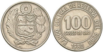 Перу 100 солей 1980 KM 283, Schon 84 медно-никель 4397-457