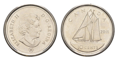 Канада 10 центов 2011 Leaf, Елизавета II (1952-2022), парусник KM 492 сталь плакированная никелем UNC 4630-865