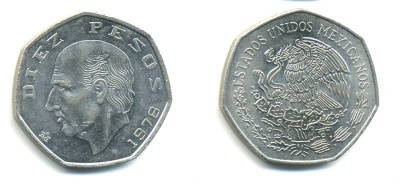 МЕКСИКА 10 ПЕСО 1978 МАНУЭЛЬ ХИДАЛЬГО КАСТИЛЬЯ KM 477.2 медно-никель 86-1525