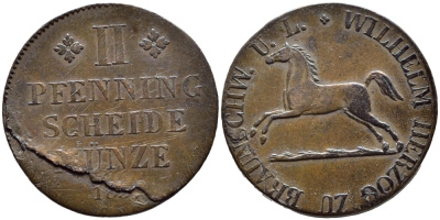 БРАУНШВЕЙГ -ВОЛЬФЕНБЮТТЕЛЬ 2 ПФЕННИГА 1832 CvC, ОТСЛОЙКА KM 1123 медь 87-456