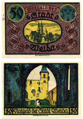 Вайда 50 пфеннигов 1921 30 сентября 1921, нотгельд (номер 1, Stadtkirche), земля Тюрингия Grabowski 1391.2 бумага 2195-39-3-1