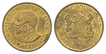 Кения 5 центов 1971 Джомо Кениата KM 10 никель латунь aUNC 4650-751