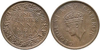 Британская Индия 1/4 анна 1942 Георг VI (1937-1952) KM 531 бронза aUNC 3999-151