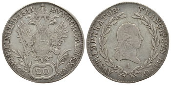 Австрия 20 крейцеров 1811 A, Франц I (1792-1835) KM 2142 серебро 00-000-00