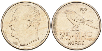 Норвегия 25 эре 1973 Улаф V (1958-1991), синица KM 407 медно-никель UNC 4580-1043