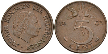 НИДЕРЛАНДЫ 5 ЦЕНТОВ 1963 ЮЛИАНА (1949-1980) КМ 181 бронза 4573-355