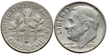 США 10 ЦЕНТОВ = 1 ДАЙМ 1970 D, РУЗВЕЛЬТ KM 195а медь плакированная медно-никелем 4396-438