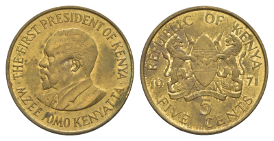 Кения 5 центов 1971 Джомо Кениата KM 10 никель латунь aUNC 4650-751