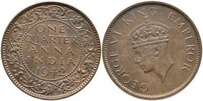 Британская Индия 1/4 анна 1942 Георг VI (1937-1952) KM 531 бронза aUNC 3999-151