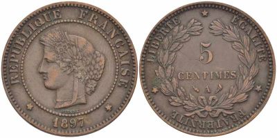 ФРАНЦИЯ 5 САНТИМОВ 1897 А, ТРЕТЬЯ РЕСПУБЛИКА (1871-1940) KM 821.1, LE FRANC 118.41 бронза 108-653