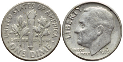 США 10 ЦЕНТОВ = 1 ДАЙМ 1970 D, РУЗВЕЛЬТ KM 195а медь плакированная медно-никелем 4396-438