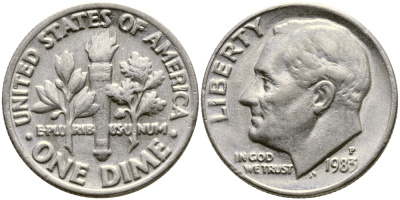 США 10 ЦЕНТОВ = 1 ДАЙМ 1983 P, РУЗВЕЛЬТ KM 195а медь плакированная медно-никелем 46-2546