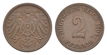 Германия 2 пфеннига 1906 A, Вильгельм II (1888-1918) KM 16, J. 11, Weege 4 медь 4639-1213