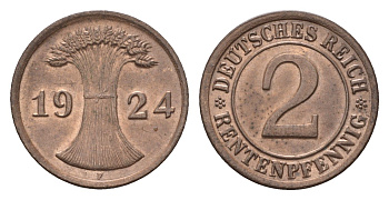 Германия 2 рентенпфеннига 1924 F KM 31, J. 307 бронза aUNC 54-343