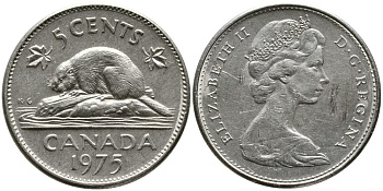 Канада 5 центов 1975 Елизавета II (1952-2022), бобр KM 60.1 никель 4543-645