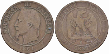 Франция 10 сантимов 1861 K, Наполеон III (1852-1870) KM 798.3, LE FRANC 134.4 бронза 4364-4036