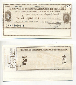 Италия чек на 50 лир 1977 7 февраля 1977, Banca Di credito agrario Di ferrara бумага UNC (пресс) 6294-68-3