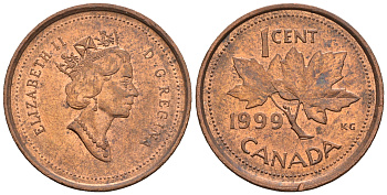 Канада 1 цент 1999 Елизавета II (1952-2022), кленовый лист KM 289 сталь плакированная медью 4609-262