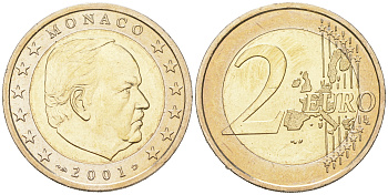 Монако 2 евро 2001 принц Ренье III KM 174 биметалл  UNC  3-4-11-14