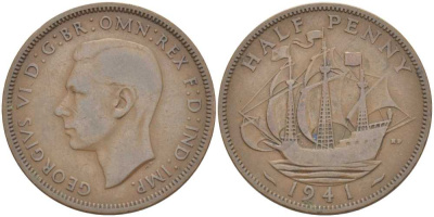 Великобритания 1/2 пенни 1941 Георг VI (1936-1952) KM 844, Spink 4115 бронза 212-1011