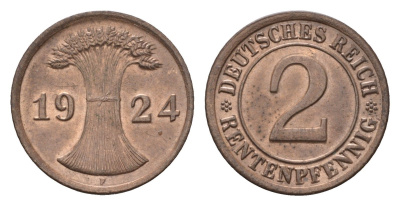 Германия 2 рентенпфеннига 1924 F KM 31, J. 307 бронза aUNC 54-343