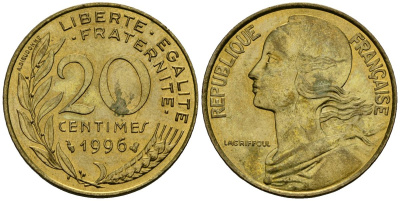Франция 20 сантимов 1996 тип Marianne KM 930 алюминиевая бронза 4167-543