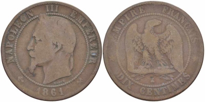 Франция 10 сантимов 1861 K, Наполеон III (1852-1870) KM 798.3, Le Franc 134.4 бронза 4364-4036