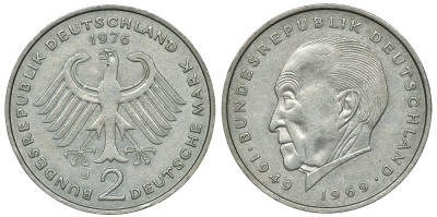 ФРГ 2 марки 1976 J, Конрад Аденауэр KM 124, J. 406 медно-никель плакированный никелем UNC 4681-914