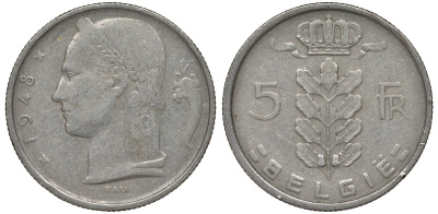 Бельгия 5 франков 1948 BELGIE KM 135 медно-никель 4128-927