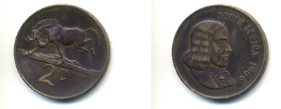 ЮАР 2 цента 1966 Ян ван Рибек (1619-1677), South Africa, легенда на английском, антилопа гну KM 66.1 бронза 83-112