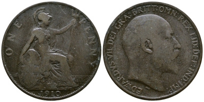 Великобритания 1 пенни 1910 Эдуард VII (1901-1910) KM 794.2, Spink 3990 бронза 37-512