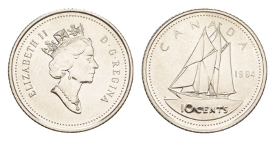 Канада 10 центов 1994 Елизавета II (1952-2022), парусник KM 183 никель UNC 4639-657