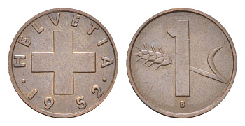 Швейцария 1 раппен 1952 B KM 46 бронза 4705-1165