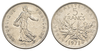 Франция 5 франков 1971 сеятель KM 926a медно-никель плакированный никелем 4385-911