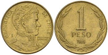 Чили 1 песо 1989 KM 216 алюминиевая бронза 4158-734