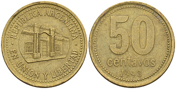 Аргентина 50 сентаво 1993 здание конгресса Тукумана, узкие буквы KM 111.1, CJ 5, Schon 112 алюминиевая бронза    60-447