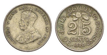 Цейлон 25 центов 1920 Георг V (1910-1936) KM 105a серебро 1531-742