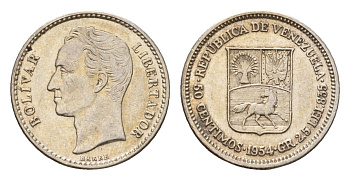 Венесуэла 50 сентимо 1954 год-тип, Симон Боливар Y 36 серебро 4669-634