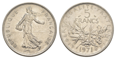 Франция 5 франков 1971 сеятель KM 926a медно-никель плакированный никелем 4385-911