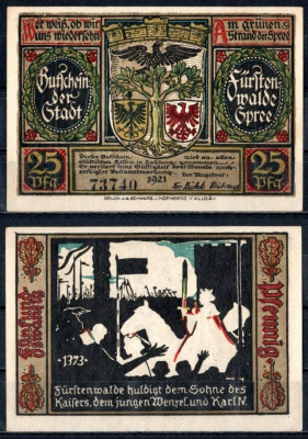 Фюрстенвальде (Пруссия, Бранденбург) 25 пфеннигов 1921 Mehl Grabowski 403.1a-6/15 бумага UNC (пресс) 7555-50-3-2