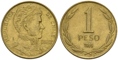 Чили 1 песо 1989 KM 216 алюминиевая бронза 4158-734