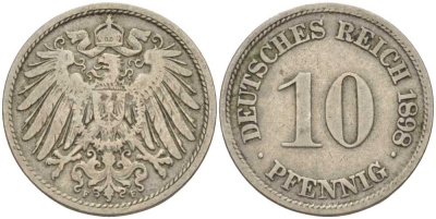 ГЕРМАНИЯ 10 ПФЕННИГОВ 1898 F KM 12, J. 13 медно-никель 4401-1033