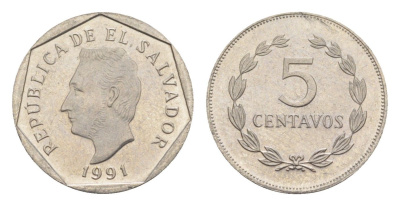 Сальвадор 5 сентаво 1991 KM 154a сталь плакированная медно-никелем UNC 4651-451
