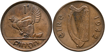 ИРЛАНДИЯ 1 ПЕННИ 1942 КУРИЦА С ЦЫПЛЯТАМИ KM 11 бронза 4389-524