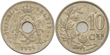 БЕЛЬГИЯ 10 САНТИМОВ 1924 BELGIE KM 86 медно-никель 4544-1217