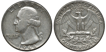 США 25 центов (квотер) 1966 Вашингтон KM 164a медь плакированная медно-никелем 72-937