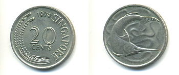 СИНГАПУР 20 ЦЕНТОВ 1974 ГОЛУБОЙ МАРЛИН, ТУНЕЦ KM 4 медно-никель UNC 86-1146