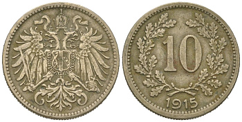 Австрия 10 геллеров 1915 Франц Иосиф I (1848-1916), императорский герб KM 2822 медь цинк никель 4618-666